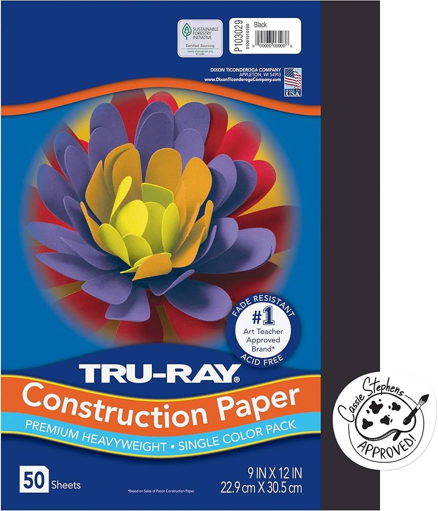 Pacon Tru-Ray Heavyweight Construction Paper, Black, 9" x 12", 50 Sheets, Sulphite Construction P... | Amazon (US)