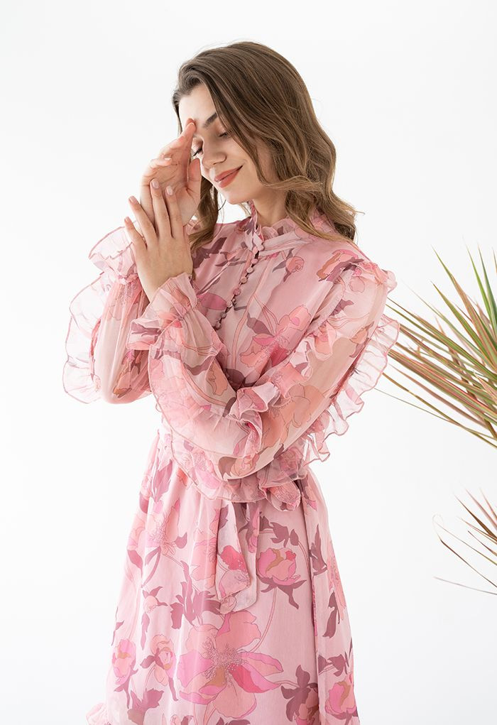 Blush Pink Floral Ruffle Belted Dress | Chicwish