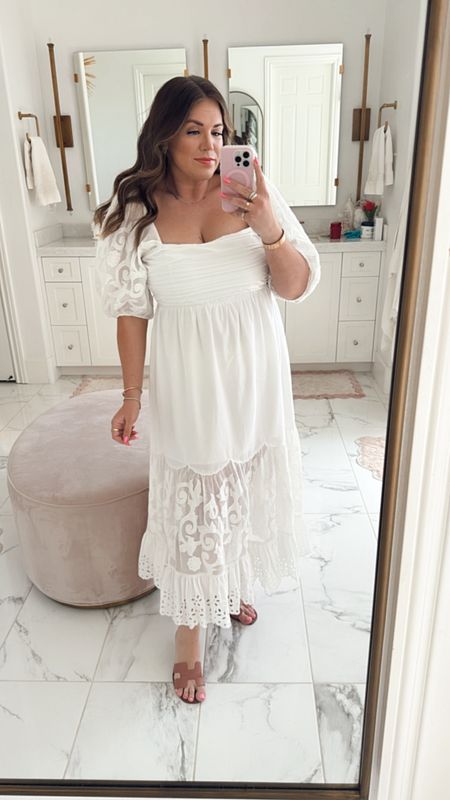 curvy white maxi dress with eyelet and lace texture for spring. wearing size large! sandals are Hermes

#LTKSeasonal #LTKmidsize