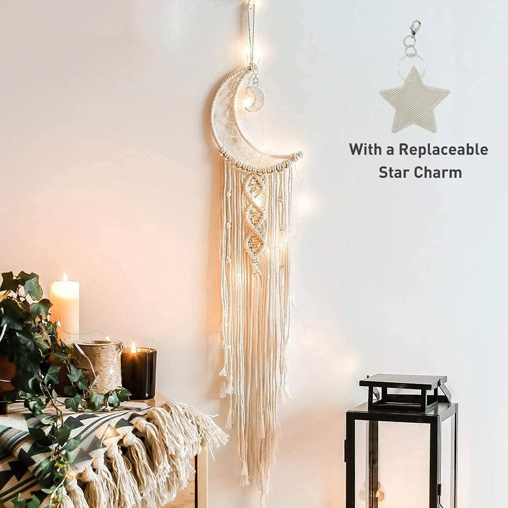 Boho Macrame Woven Wall Hanging, Crochet Crescent Moon Star Dream Catcher with Long Tassel- White... | Amazon (US)