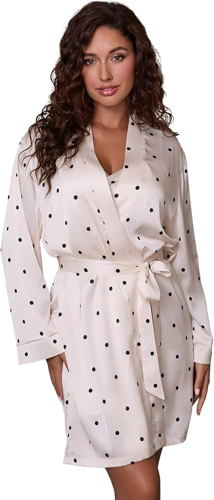 Womens Satin Robe Short Kimono - Long Sleeve Silky Bathrobe with Print, Soft Bridal Bridesmaid Ro... | Amazon (US)
