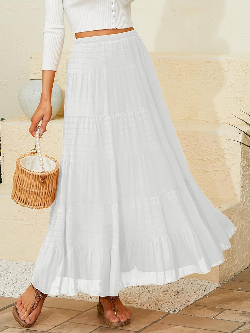 NASHALYLY Women's Chiffon Elastic High Waist Pleated A-Line Flared Maxi Skirts | Amazon (US)