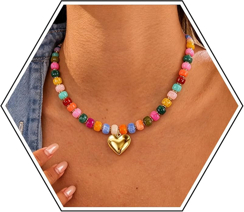 Chunky Beaded Necklace for Women,Colorful Statement Heart Choker Necklace,Boho Trendy Summer Beac... | Amazon (US)