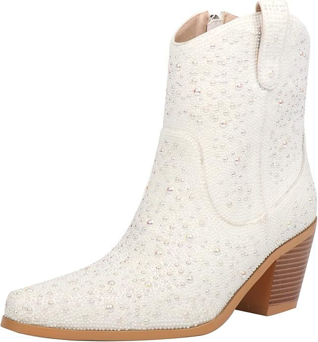 Seborluys Women Rhinestone and Pearl Cowboy Boots Chunky Heel Wedding Cowgirl Boots Glitter Spark... | Amazon (US)