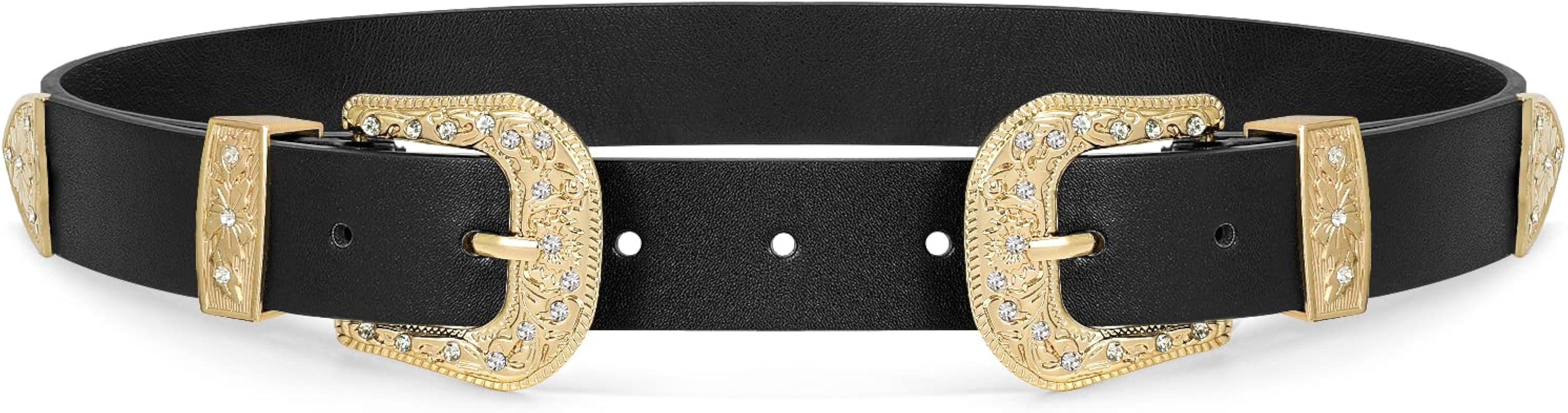 WHIPPY Vintage Western Leather Belt for Women Double Buckle Retro Cowgirl Waist Belts for Jeans P... | Amazon (US)