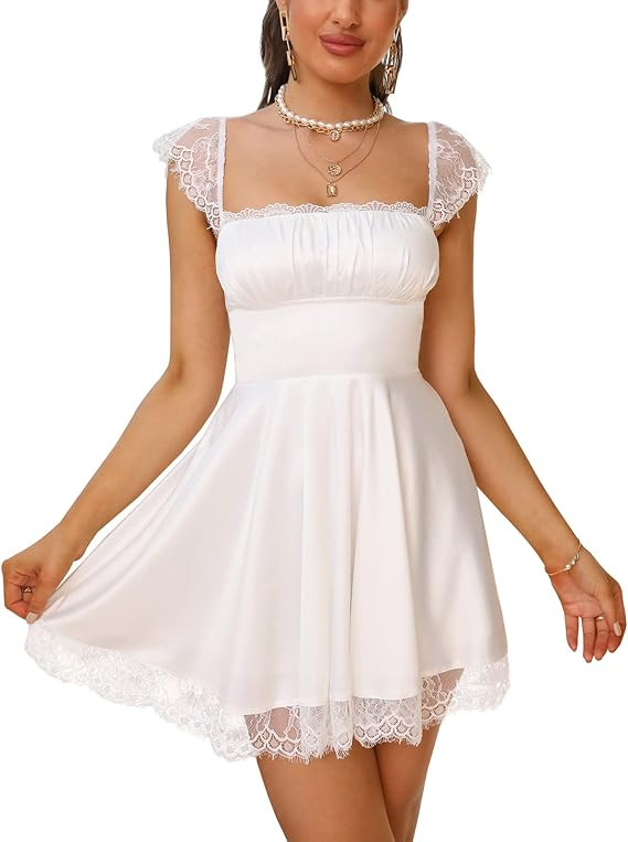 EYNMIN Women's Satin Lace Strap Mini Dress Square Neck Flowy A-Line Ruffle Swing Casual Short Dre... | Amazon (US)