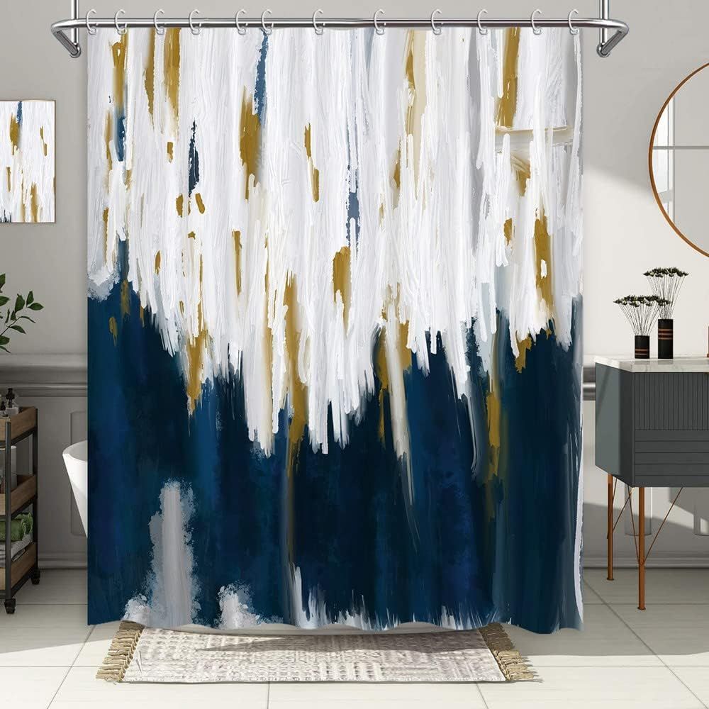Navy Blue Shower Curtain Abstract Brush Strokes Oil Painting Ombre Bathroom Curtain Blue White Fa... | Amazon (US)