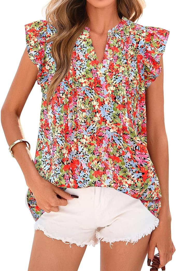 BTFBM Going Out Tops for Women Trendy 2026 Cap Sleeve V Neck Floral Blouses Dressy Casual Cute T ... | Amazon (US)