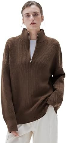 SUUKSESS Women Cashmere Oversized Quarter Zip Pullover Sweater Long Sleeve Collared Ribbed Knit J... | Amazon (US)