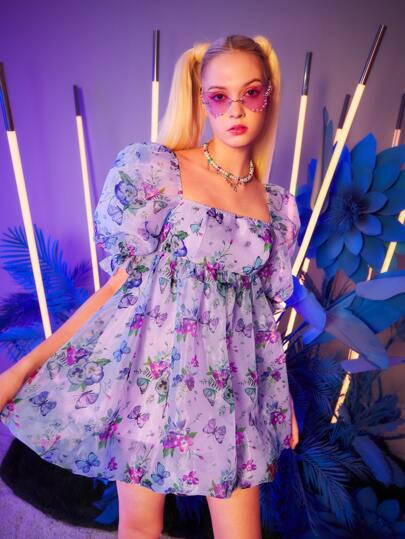 SHEIN Square Neck Puff Sleeve Butterfly & Floral Print Organza Dress | SHEIN
