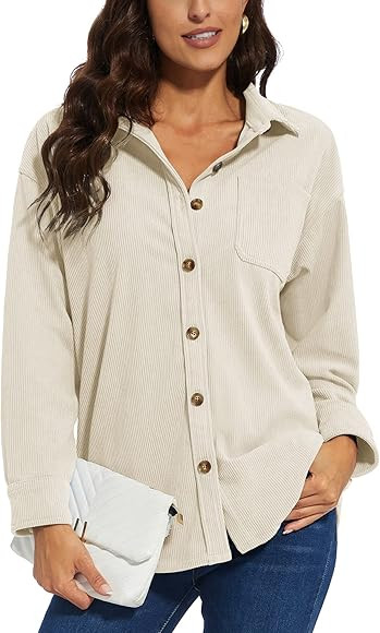 KEFITEVD Women's Corduroy Shirt Casual Button Down Blouses Oversized Fit V Neck Long Sleeve Shirt... | Amazon (UK)