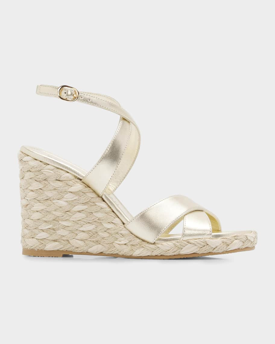 Stuart Weitzman 100mm Alyssa Metallic Leather Espadrille Wedge Sandals | Neiman Marcus