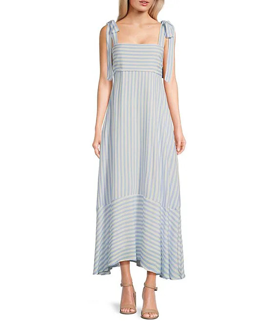 Striped Square Neck Tie Shoulder Maxi Dress | Dillard's