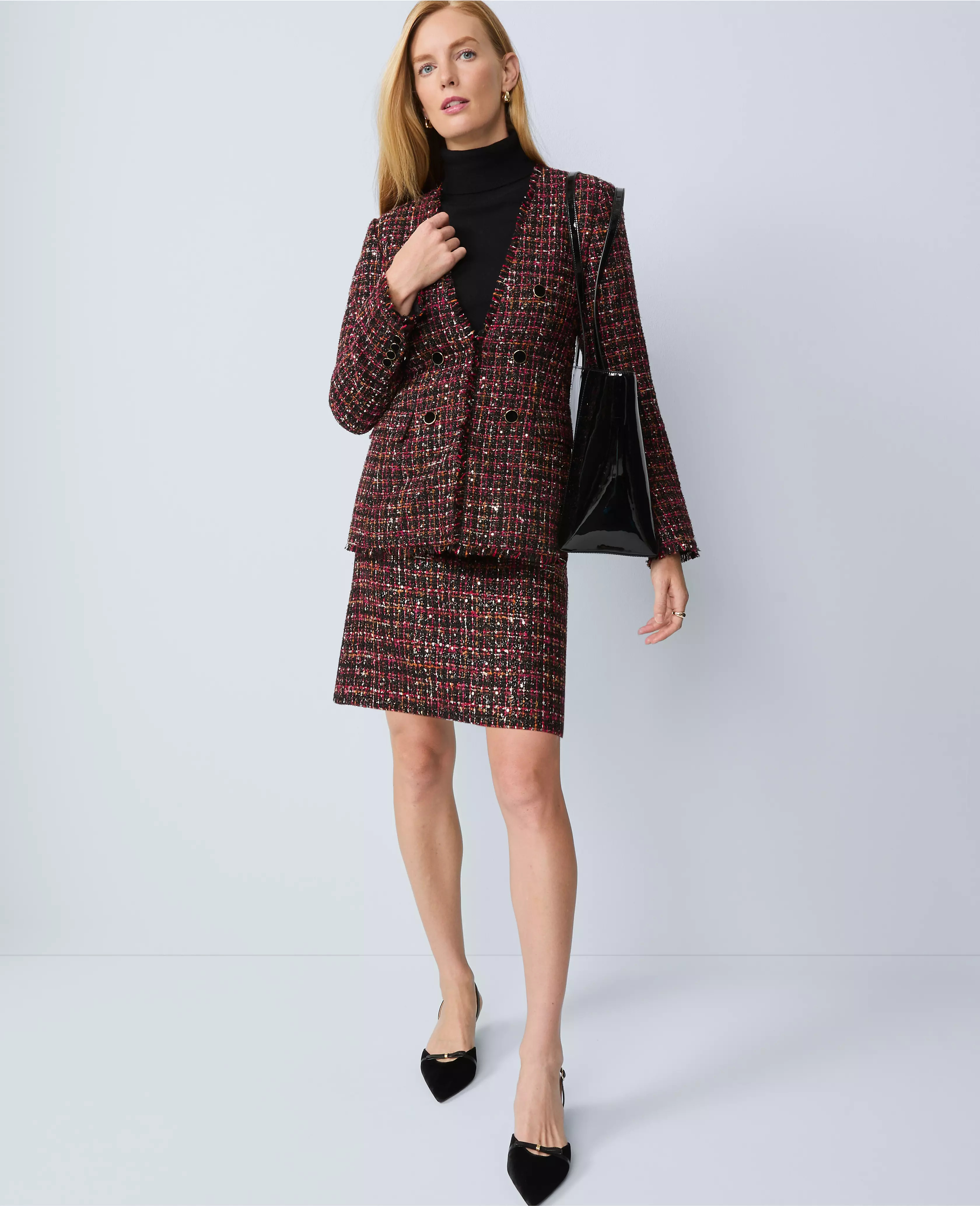The Petite Long V-Neck Sequin Tweed Jacket | Ann Taylor