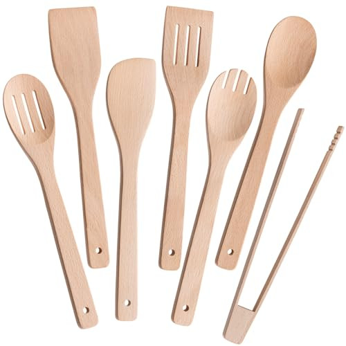Eisinly Wooden Spoons for Cooking 7-Piece, Kitchen Nonstick Wood Cooking Utensils Set, Durability Wooden Spatula Spoon for Everyday Use, Light Yellow | Amazon (US)