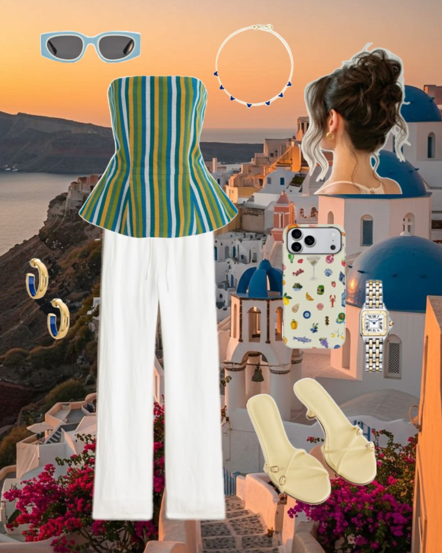 Santorini sunset dinner outfit 💙 

striped peplum top, white wide-leg pants, Greece vacation outfit, European summer style, resort wear, honeymoon outfit, island dinner look, blue and white aesthetic, coastal chic, vacation outfit inspo, Greece travel wardrobe, chic sandals, statement accessories, summer travel outfit, elevated evening look ✨

#LTKSeasonal #LTKTravel