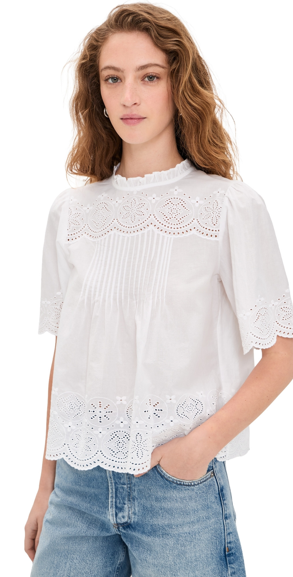 Madewell Embroidered Pintuck High-Neck Top White M | Shopbop