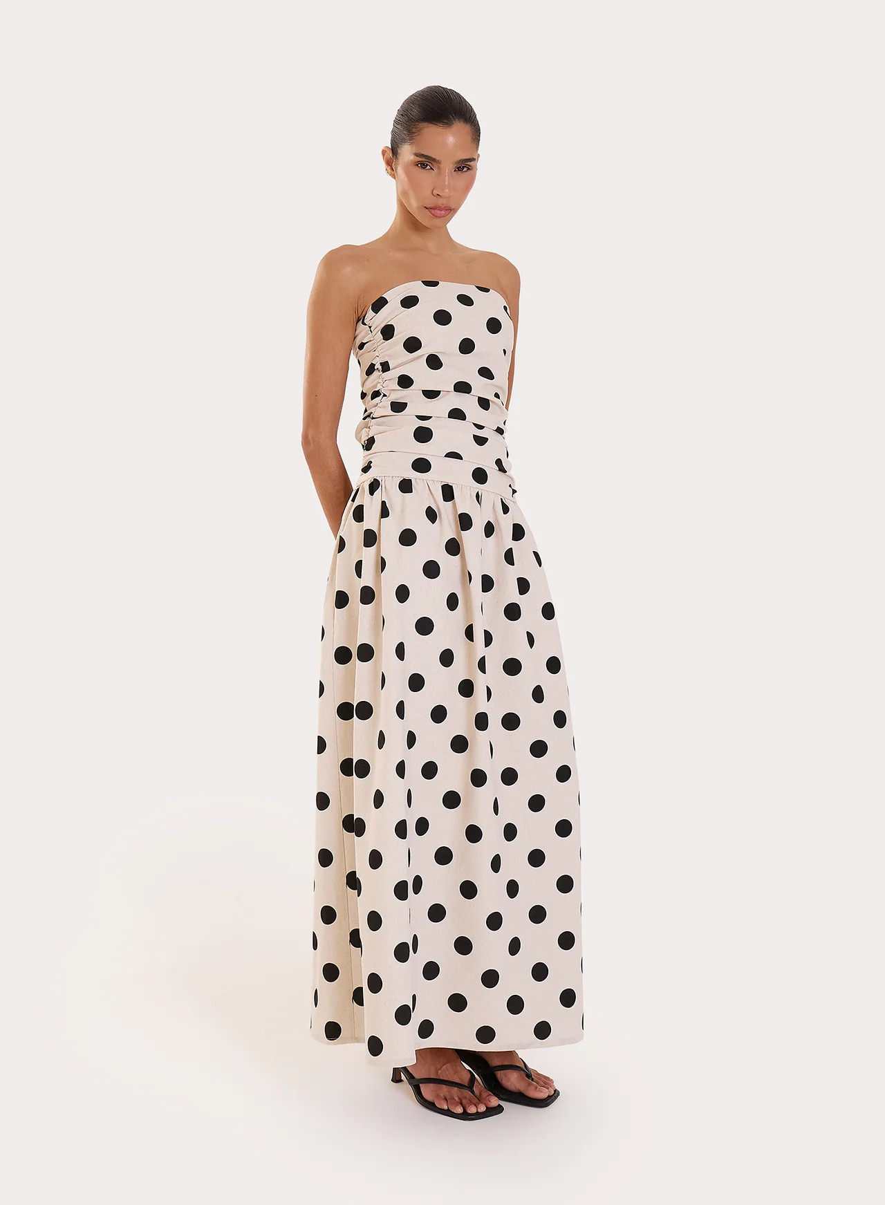Women's Polka Dot Printed Linen Blend Bandeau Maxi Dress | Brona | 4th & Reckless | 4th & Reckless
