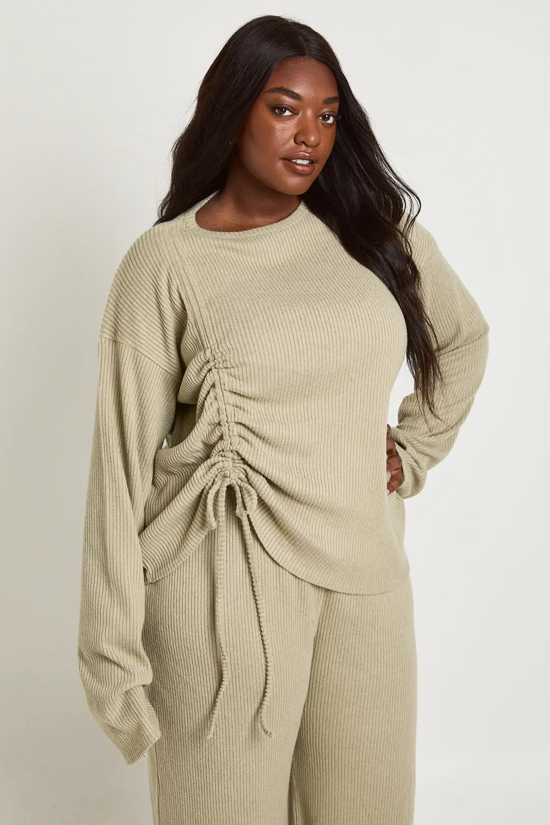 Light Khaki Plus Front Ruched Long Sleeve Top And Wide Leg Lounge Set | Boohoo USA | boohoo (US & Canada)