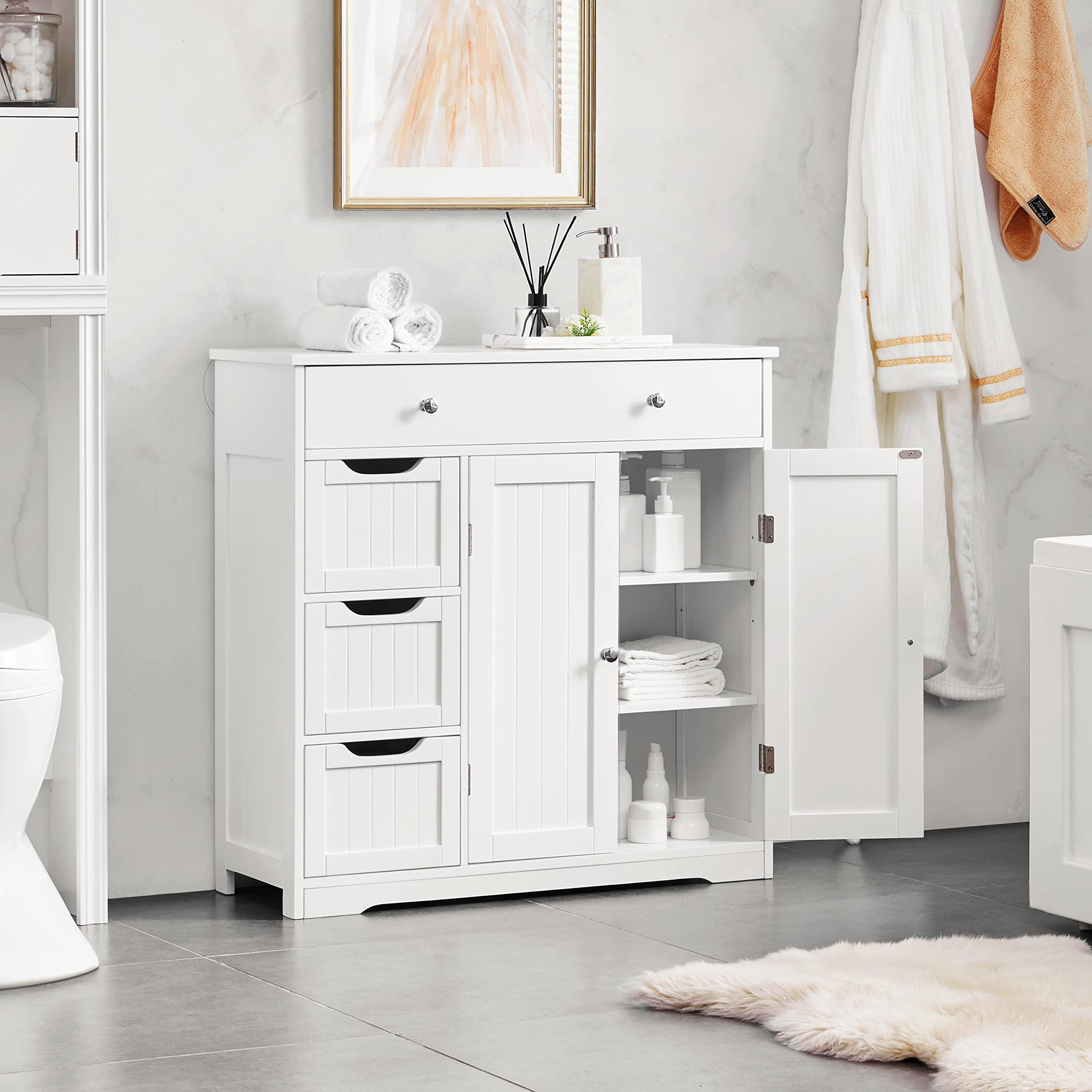 Topeakmart Bathroom Free-Standing Floor Cabinet, Practical Storage Cabinet with 4 Drawers and 2 Doors for Kitchen, Entrance Area, Living Room, Adjustable Shelves, Ample Space White | Amazon (US)