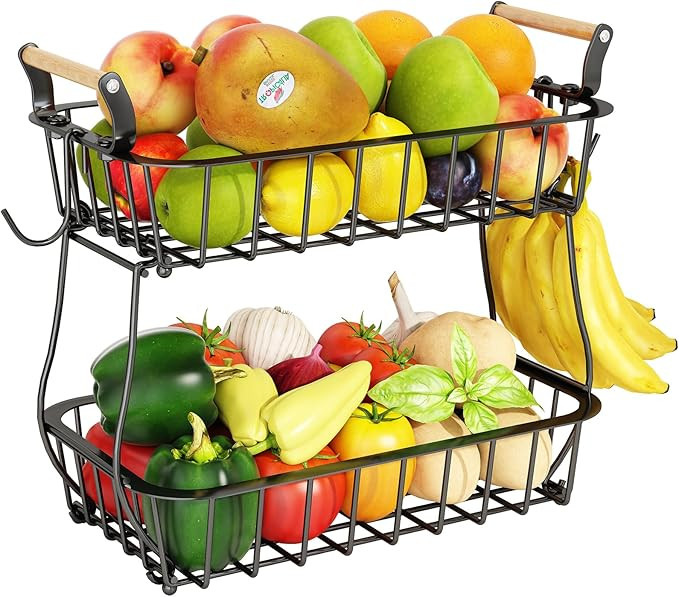 ANTOPY Cesta de frutas de 2 niveles con 2 ganchos para plátanos, cesta de frutas y verduras para... | Amazon (US)