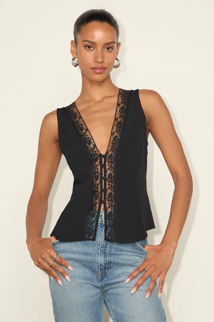 Mindy Black Lace Button-Front Tank Top | Lulus