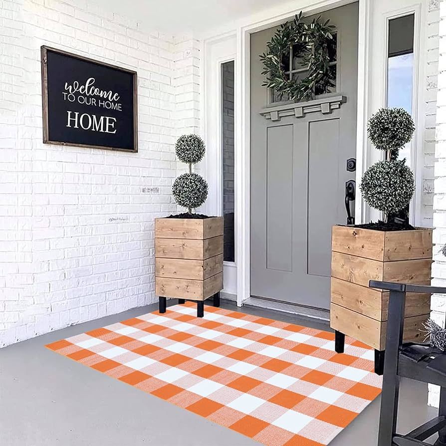 MUBIN Cotton Orange and White Plaid Rug, 3’ x 5’ Fall Outdoor Front Door Decorative Mat, Hand... | Amazon (US)