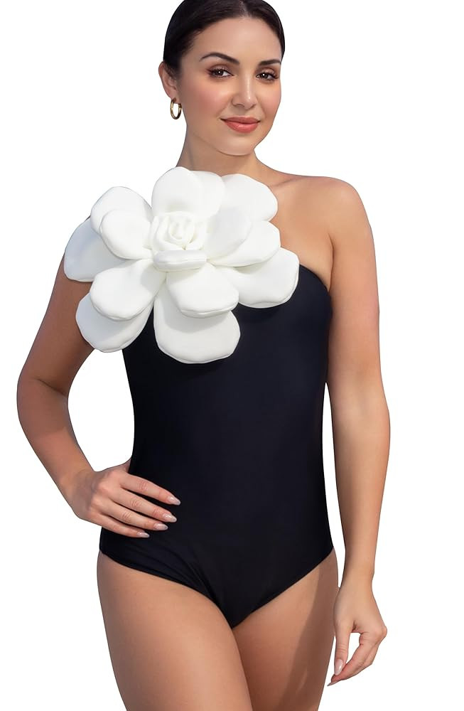 SPORLIKE Women One Piece Swimsuit 3D Flower One Shoulder Bathing Suit Padded Monokini | Amazon (US)