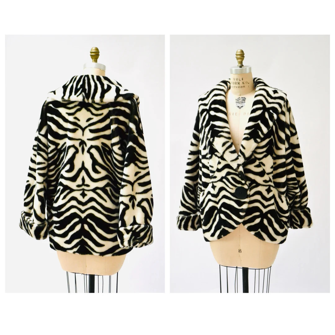 80s 90s GLAM Vintage Faux Fur Jacket Zebra Stripes Jacket Coat Size LARGE // Vintage Zebra Print ... | Etsy (US)