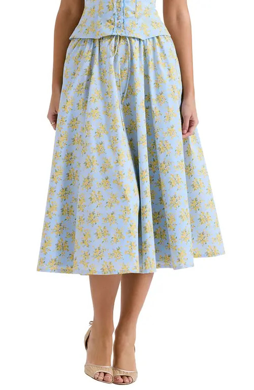 HOUSE OF CB Cora Gathered Lace-Up Skirt in Print Light Blue at Nordstrom, Size X-Large | Nordstrom