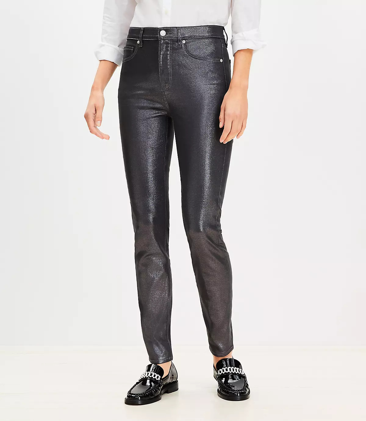 Coated High Rise Skinny Jeans in Pewter Metallic | LOFT