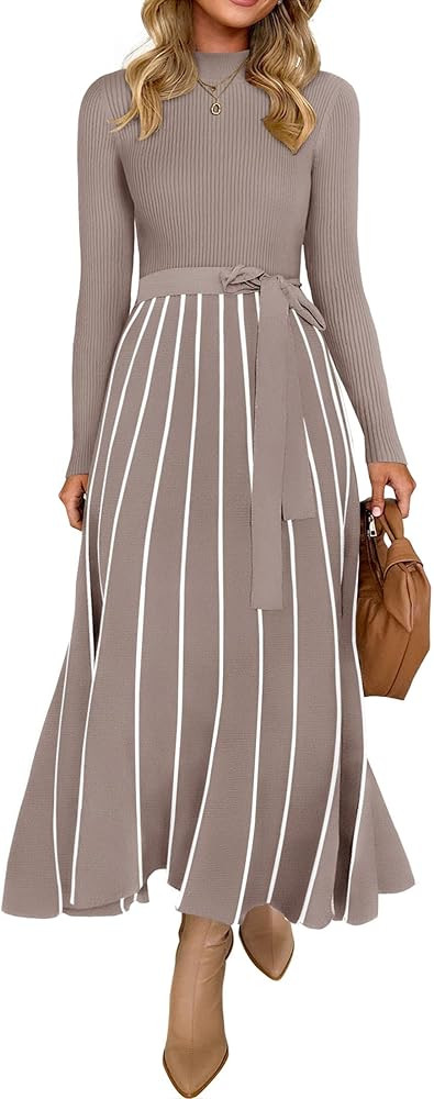 ZESICA Womens Spring Turtleneck Long Sleeve Sweater Dress Tie Waist Casual Loose Ribbed Knit A Li... | Amazon (US)
