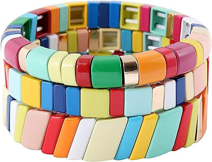 Coolcos Tile Bracelets Stackable Enamel Stretchy Tile Bracelet Rainbow Colorblock Beads Bracelets... | Amazon (US)