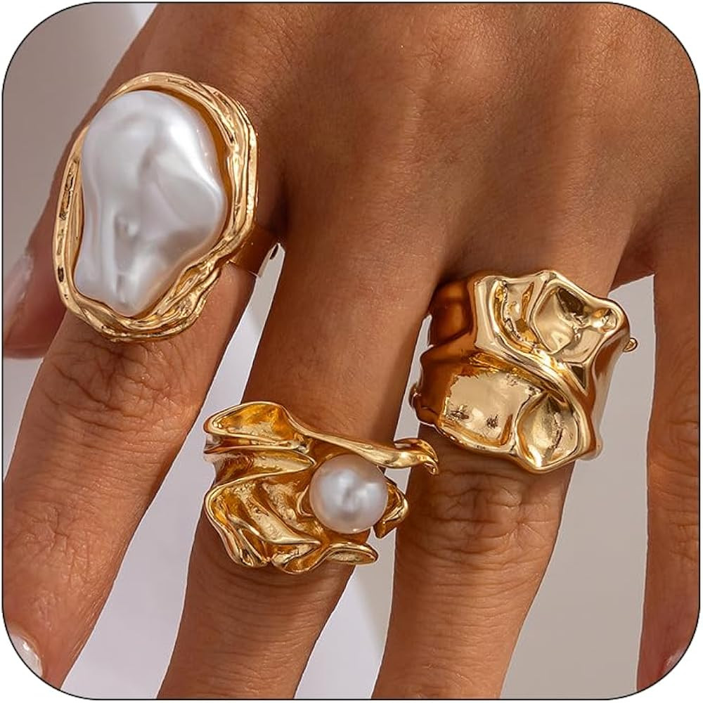 CJIAYUJEW Pearl Ring for Women Stacking Pearl Rings Set Gold Chunky Rings Adjustable Open Pearl F... | Amazon (US)