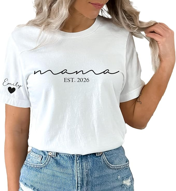 Custom Mama Shirt with Kids Names on Sleeve Personalized Mom Tshirt Mothers Day T Shirt Birthday ... | Amazon (US)