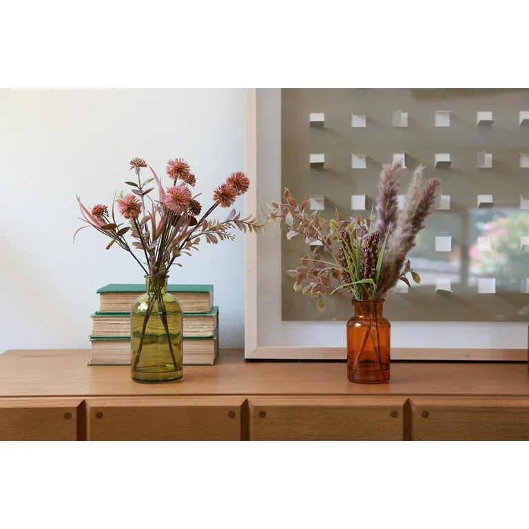 Flora Bunda 13.8" Tabletop Artificial Fall Floral Arrangement in Brown Glass Vase - Walmart.com | Walmart (US)