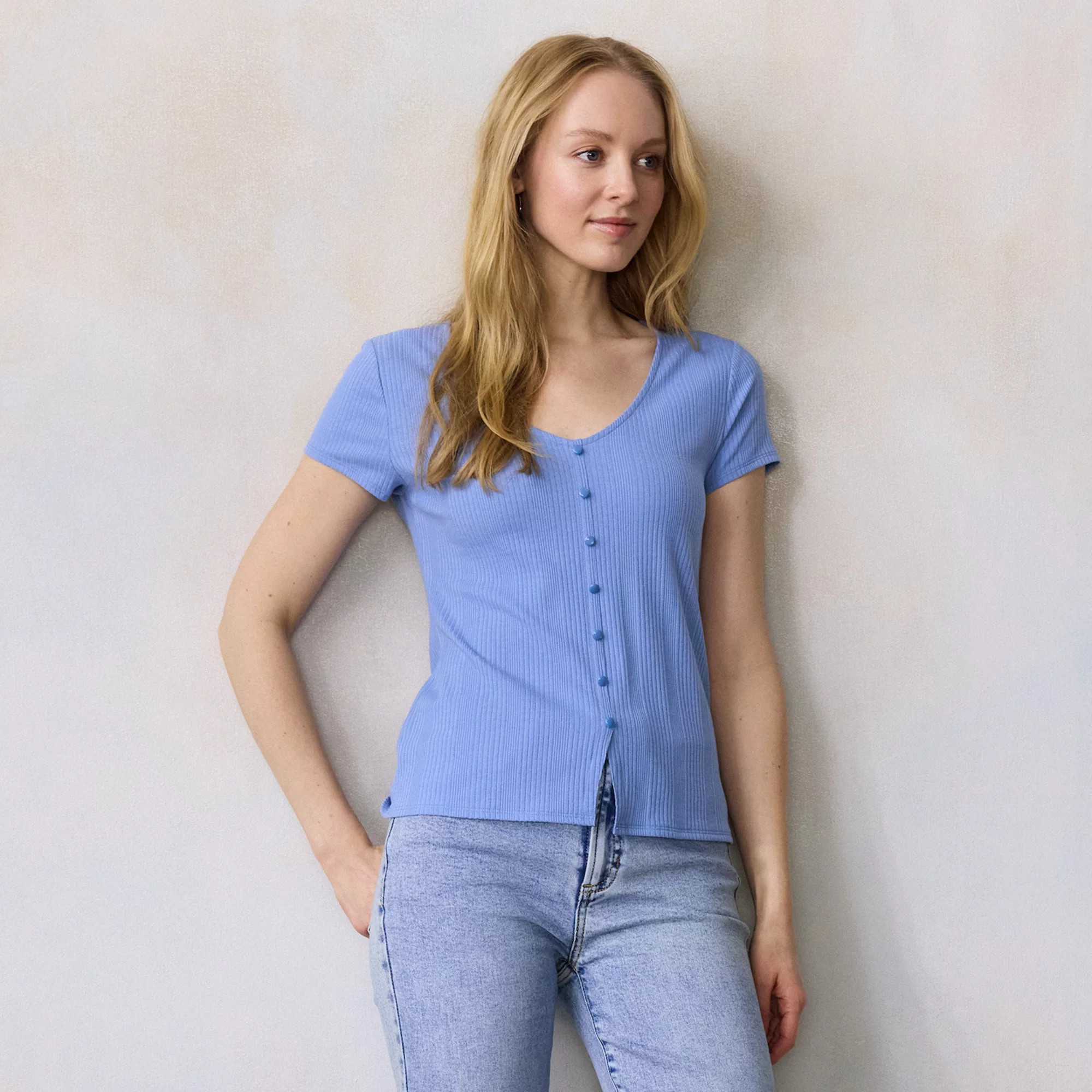 Women's LC Lauren Conrad V-Neck Button Front Cap Sleeve Top | Kohl's