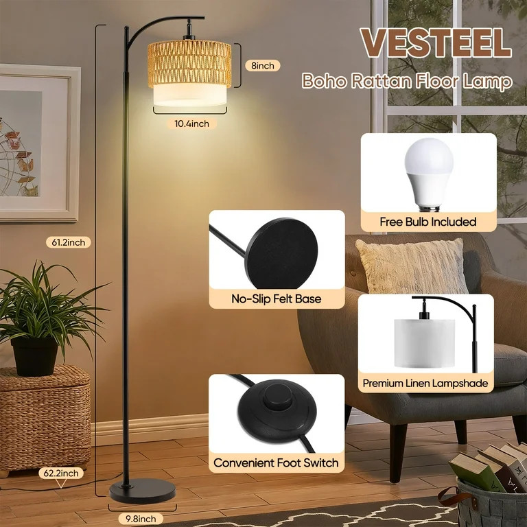 Vesteel Floor Lamp for Living Room, Rattan Standing Lamp with Adjustable Rattan & Fabric Shades, ... | Walmart (US)