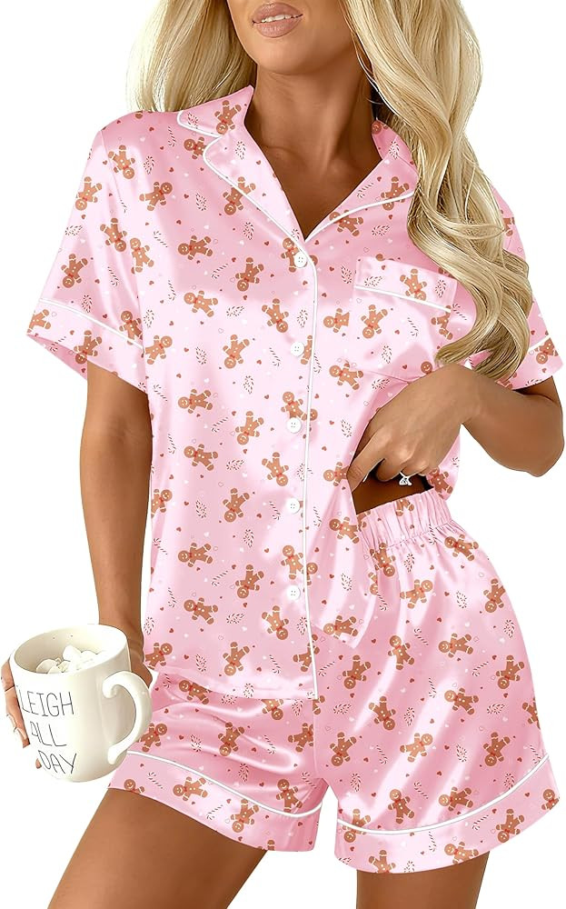 Ekouaer Womens Christmas Pajamas Silk Satin Sleepwear Holiday Matching Pjs Funny Short Sleeve But... | Amazon (US)