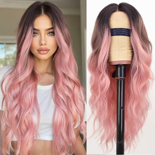 AISI HAIR Ombre Pink Wig for Women, Long Wavy Lace Hairline Middle Part Synthetic Heat Resistant Wig for Daily Party-26 Inch | Amazon (US)