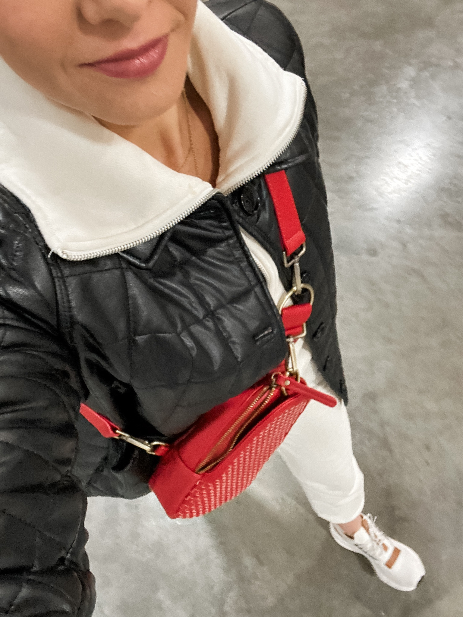 Sports sideline look :: matching sweat set, Amazon sweatshirt and sweatpants, faux leather shacket, quilted shacket, oncloud sneakers, trainers, sling bag, red bag, casual style, sporty style

#LTKitbag #LTKstyletip #LTKshoecrush