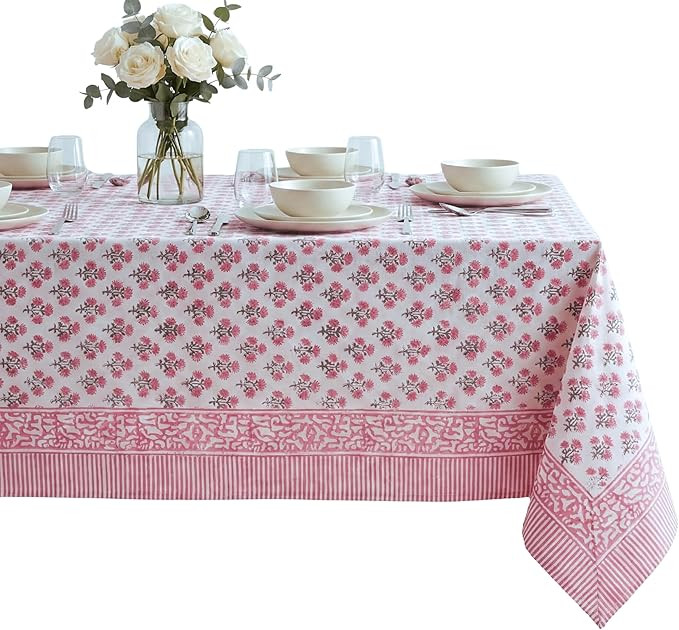 ATOSII Gulbahar White Pink 100% Cotton Fall Rectangle Tablecloth, Hand Block Print Washable Table... | Amazon (US)