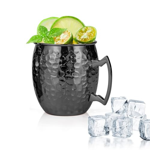 Amrules Moscow Mule Mugs, 16 OZ Black Hammered Mule Cup with 304 Stainless Steel Lining and Brass Handle, for Cold Drinks, Beer, Wine, Bars, Parties | Amazon (US)
