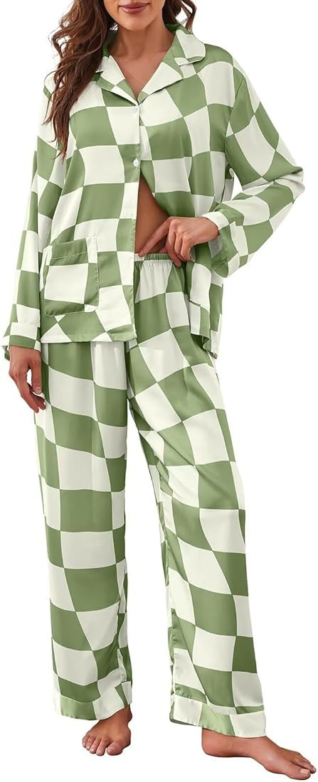 Brosloth Womens Silk Pajamas Button Up Pajama Soft Long Sleeve Satin Printed Loungewear Set | Amazon (US)