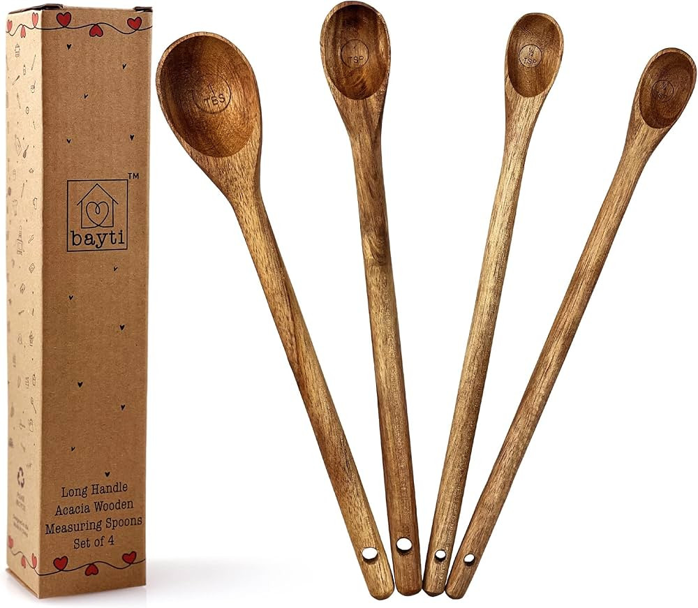 Long Handle Acacia Wooden Measuring Spoons, 100% Natural Food Grade Acacia Wood set of 4 spoons | Amazon (US)