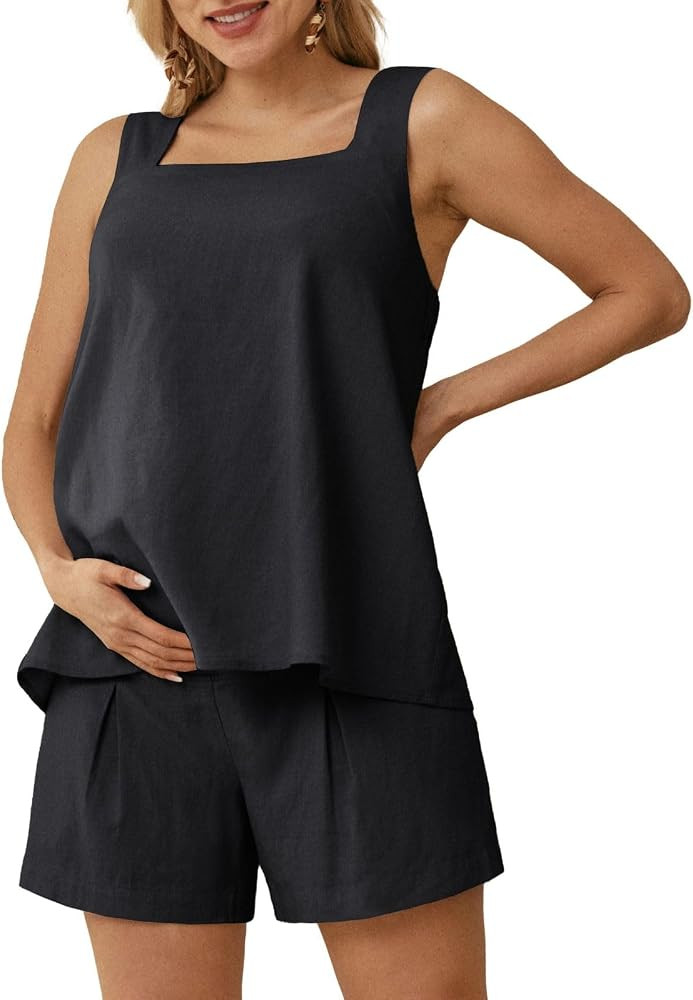 Maacie Maternity 2 Pieces Outfits Summer Linen Shorts Sets Tank Tops Wide Legs Shorts with Pocket... | Amazon (US)