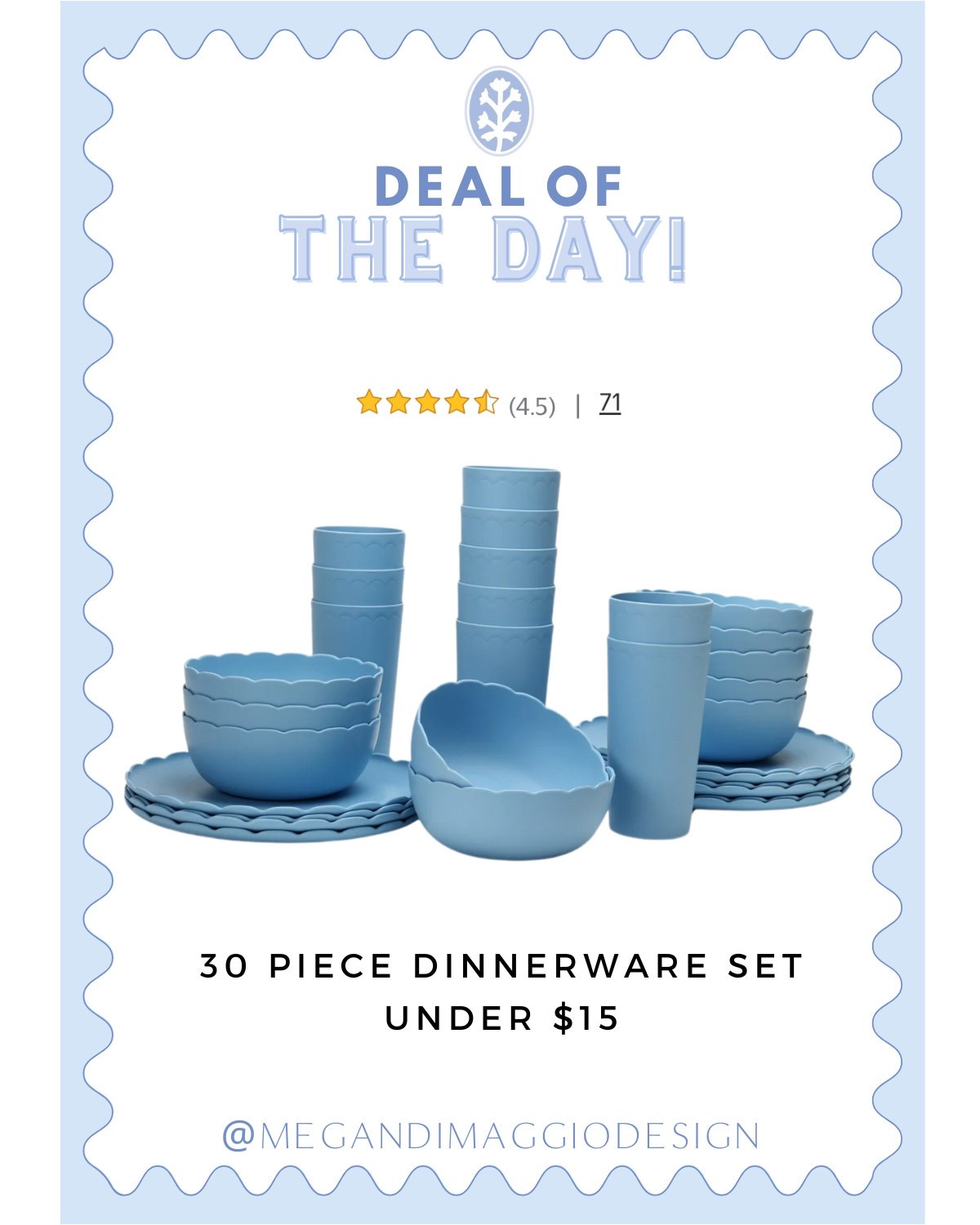 Restock alert!! Snag this blue scalloped 30 piece melamine outdoor safe dinnerware set of UNDER $15!! 👏🏻👏🏻👏🏻 Available in more colors too! Super family friendly and highly rated!! ☀️

#LTKFamily #LTKHome #LTKFindsUnder50