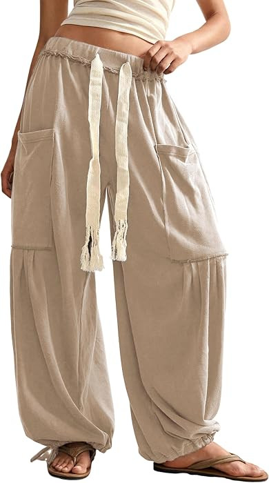 Springrain Women's Baggy Wide Leg Pants Casual Drawstring Harem Pants Bohemian Trousers with Big ... | Amazon (US)