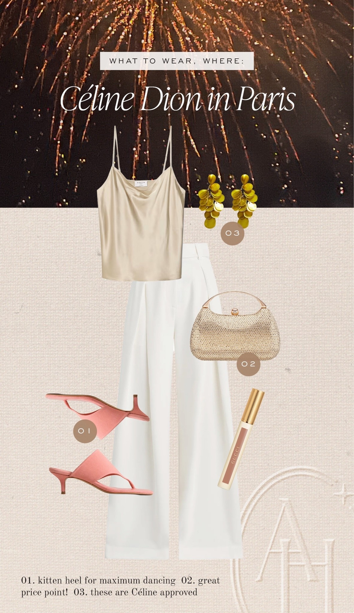 Festive concert look for Celine Dion in Paris. Chandelier earrings, cream trousers, silk cami, and kitten heels.

#LTKBeauty #LTKootd