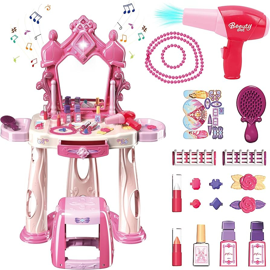 Pretend Play Girls Makeup Table Set with Stool，Kids Vanity Set with Lights and Music，Toddler ... | Amazon (US)